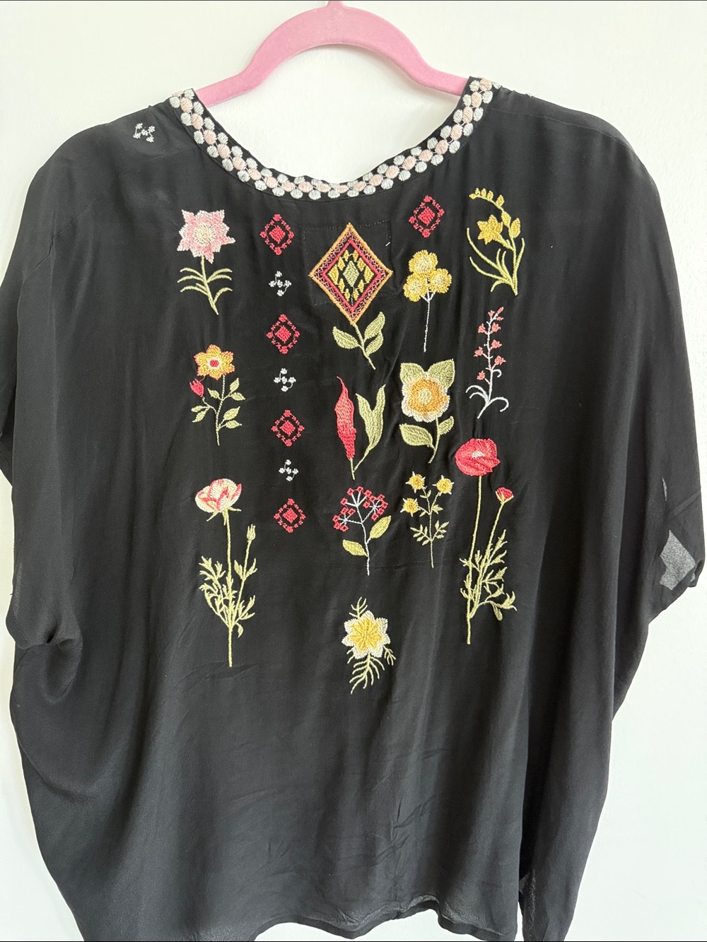 Vintage Biya by Johnny Was Black Floral Embroidered Silk Blouse
